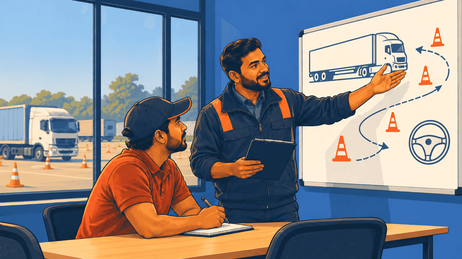A driving instructor at a whiteboard with a trainee driver listening