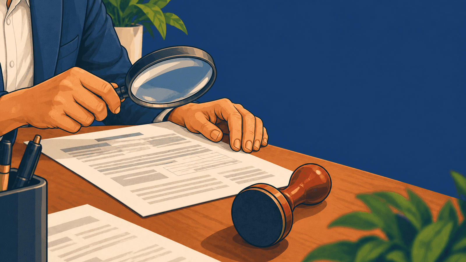 A hand holding a magnifying glass over documents on a desk