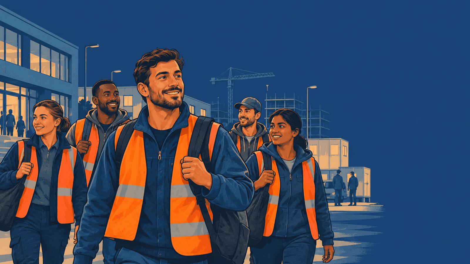 Workers in winter coats waiting together at a bus shelter