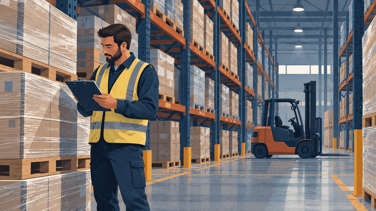 A warehouse operative checking a clipboard beside wrapped pallets, racking and a forklift