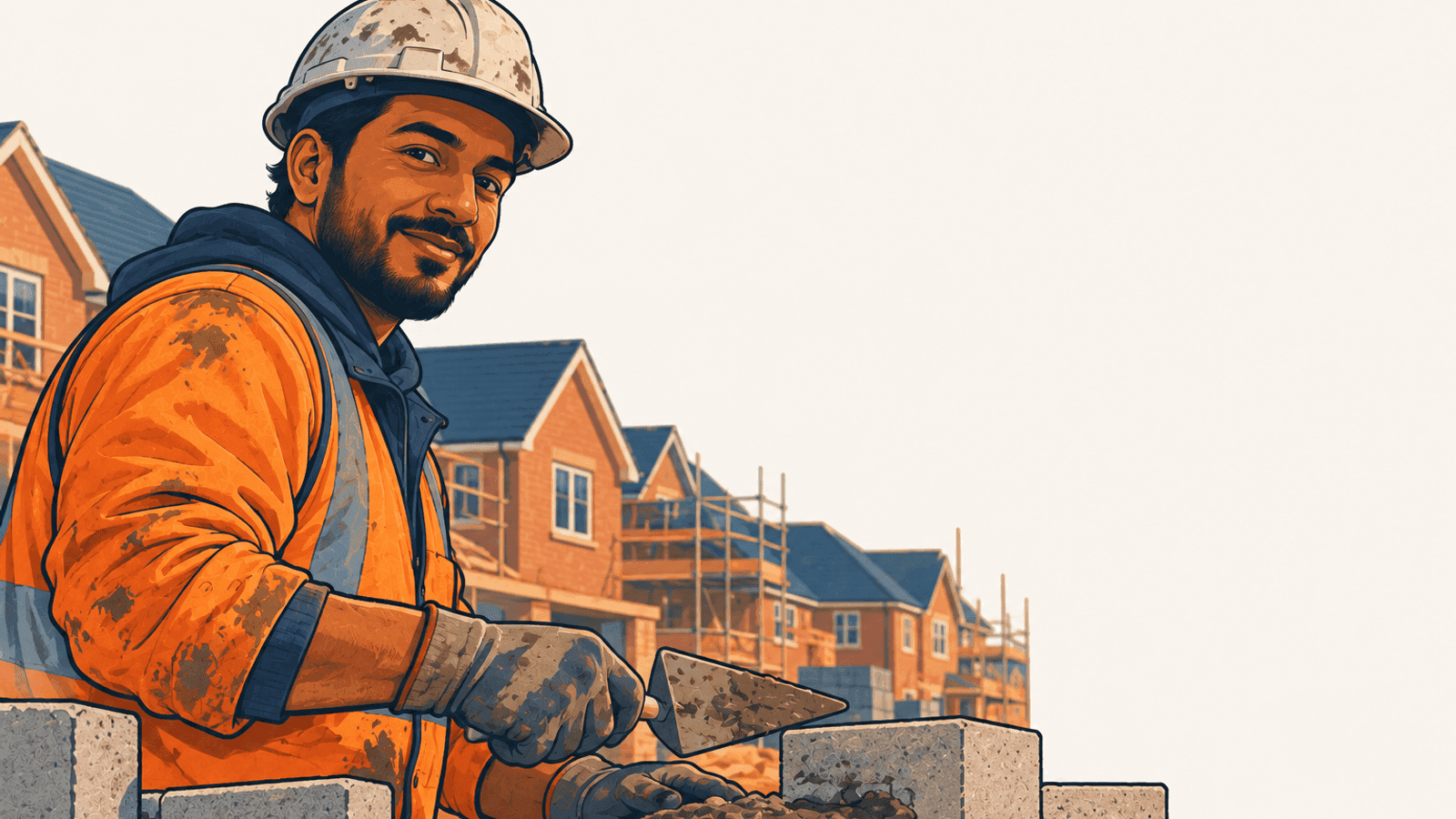 A bricklayer holding a trowel on a construction site