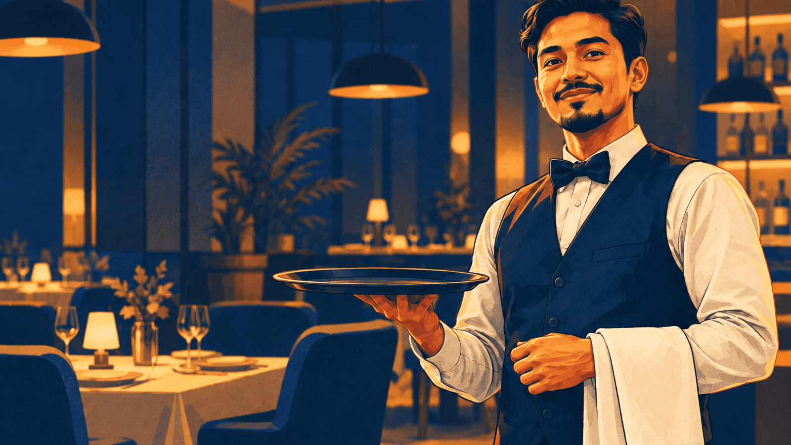 A hotel worker setting a table on a sunlit terrace
