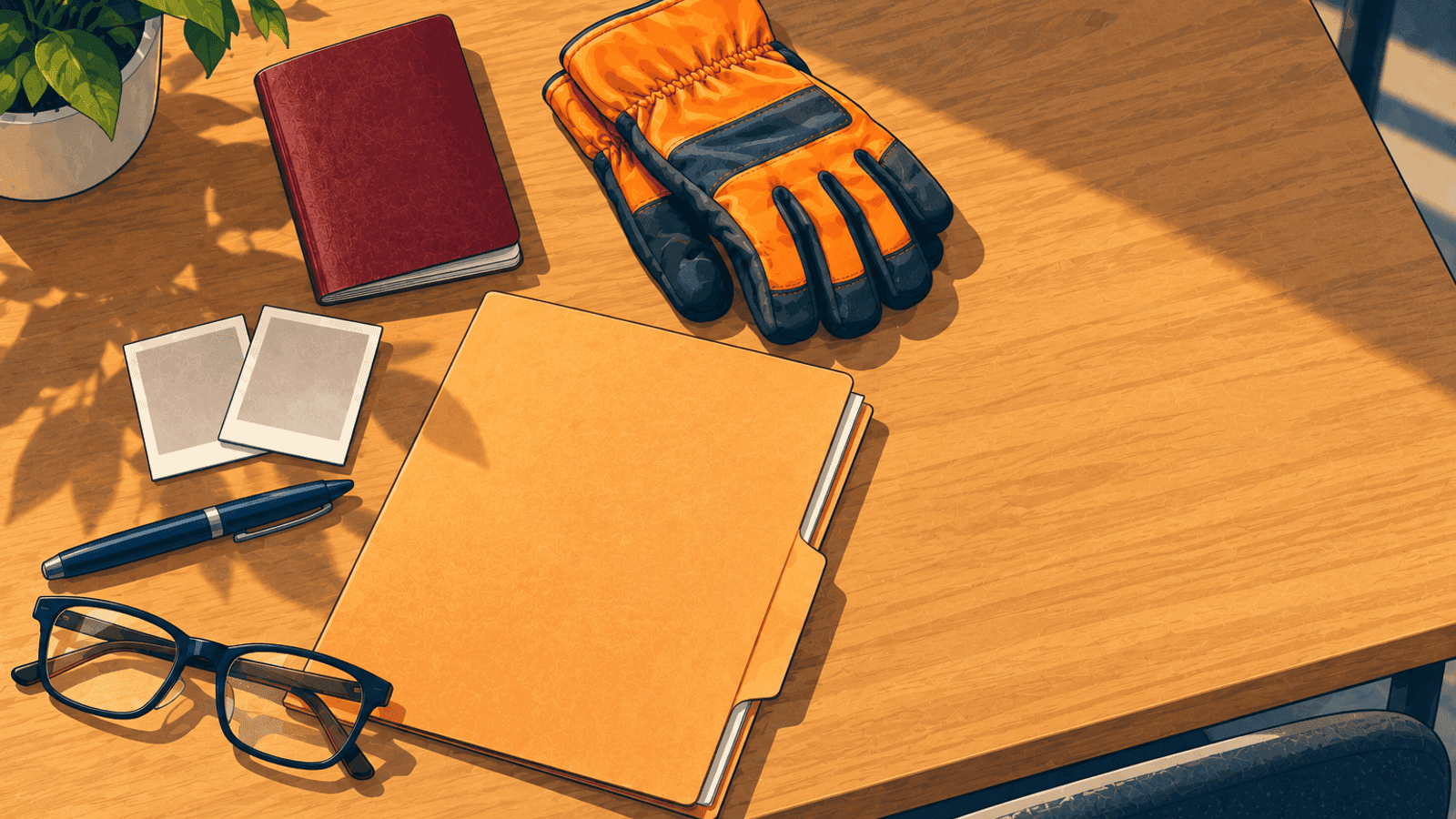 A passport, folder, work gloves, pen and blank photos laid out on a table