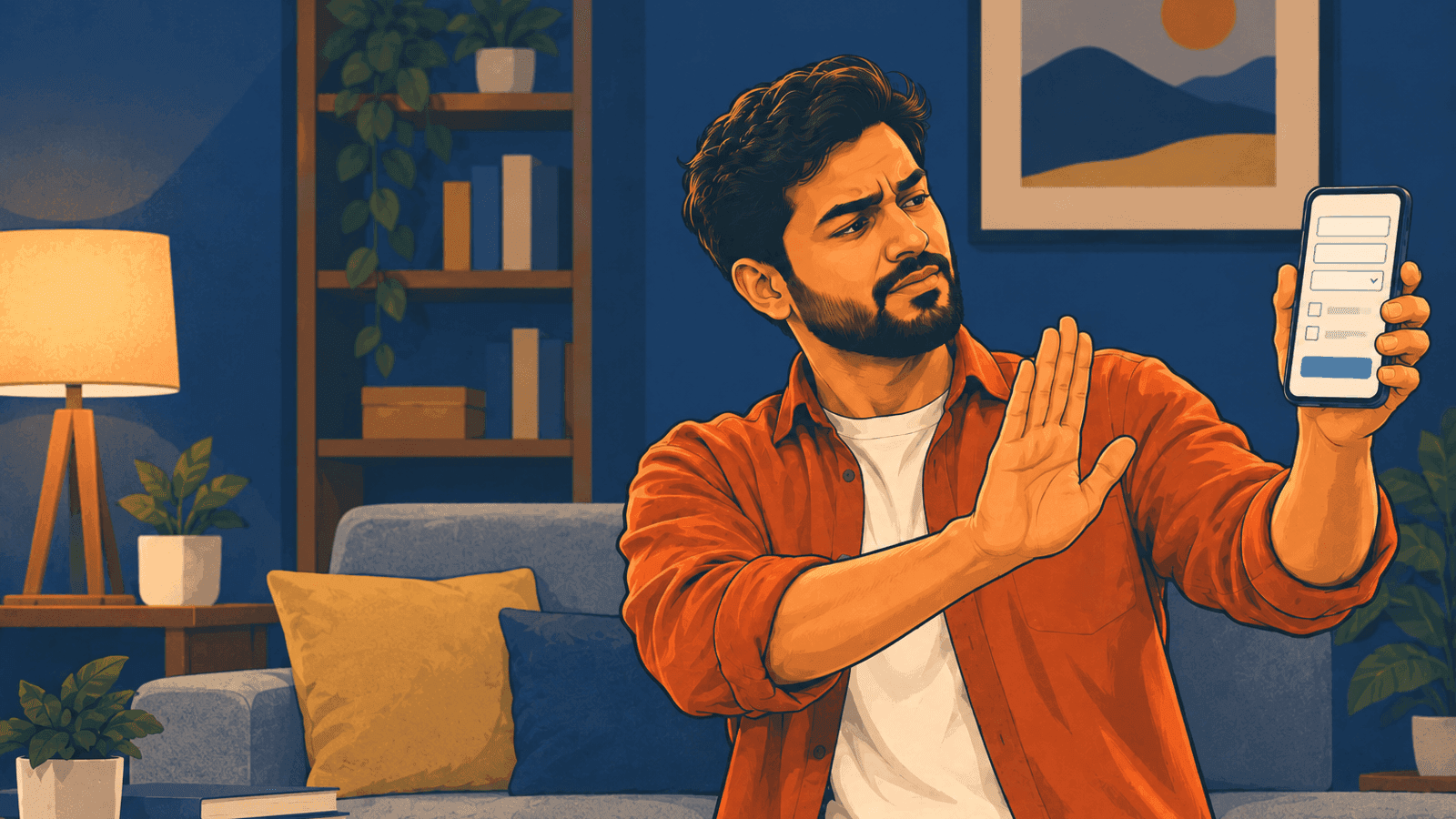 A sceptical young man holding up a phone and raising his other hand in a stop gesture