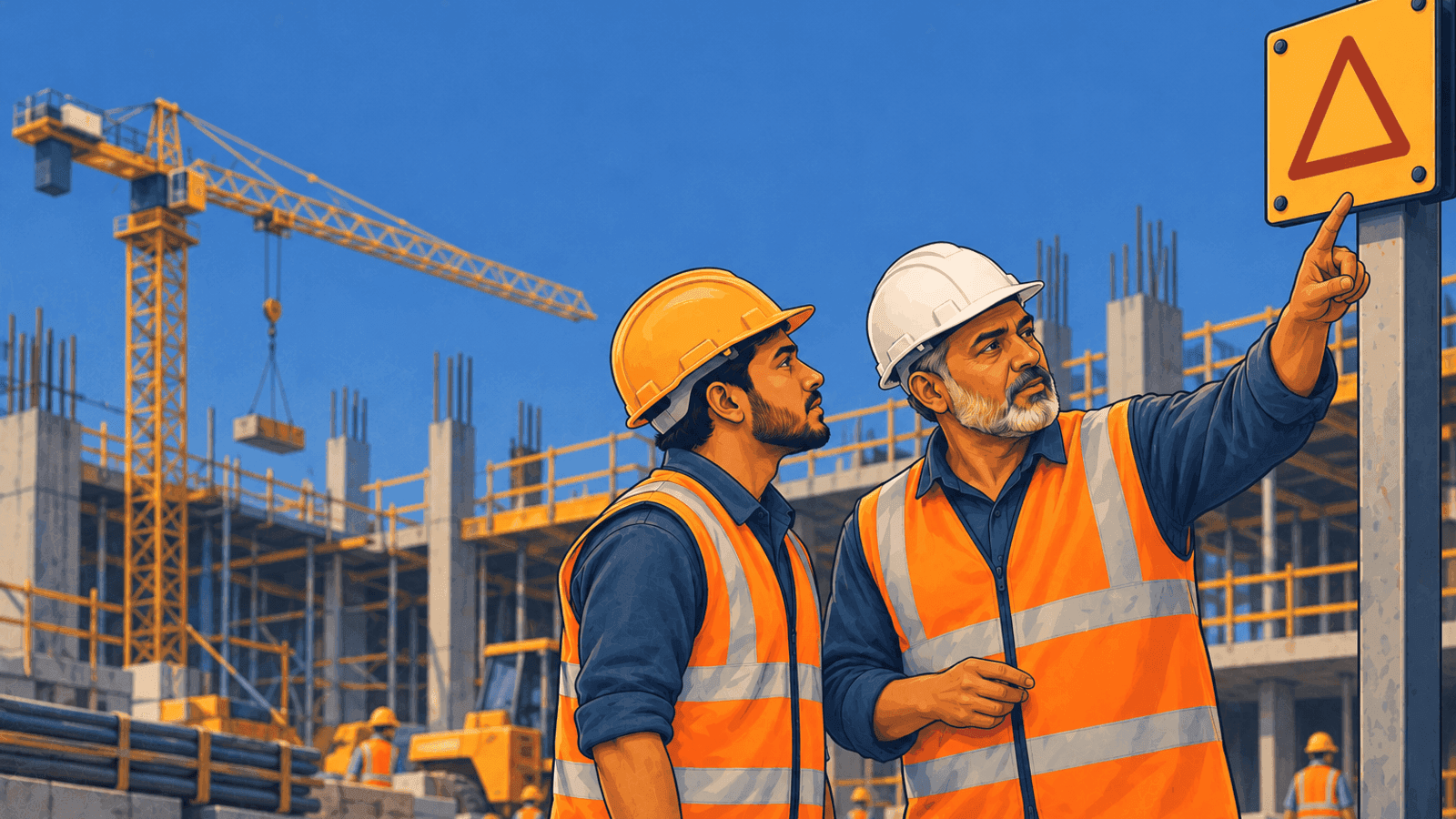 An older worker pointing out a safety sign to a younger colleague on site