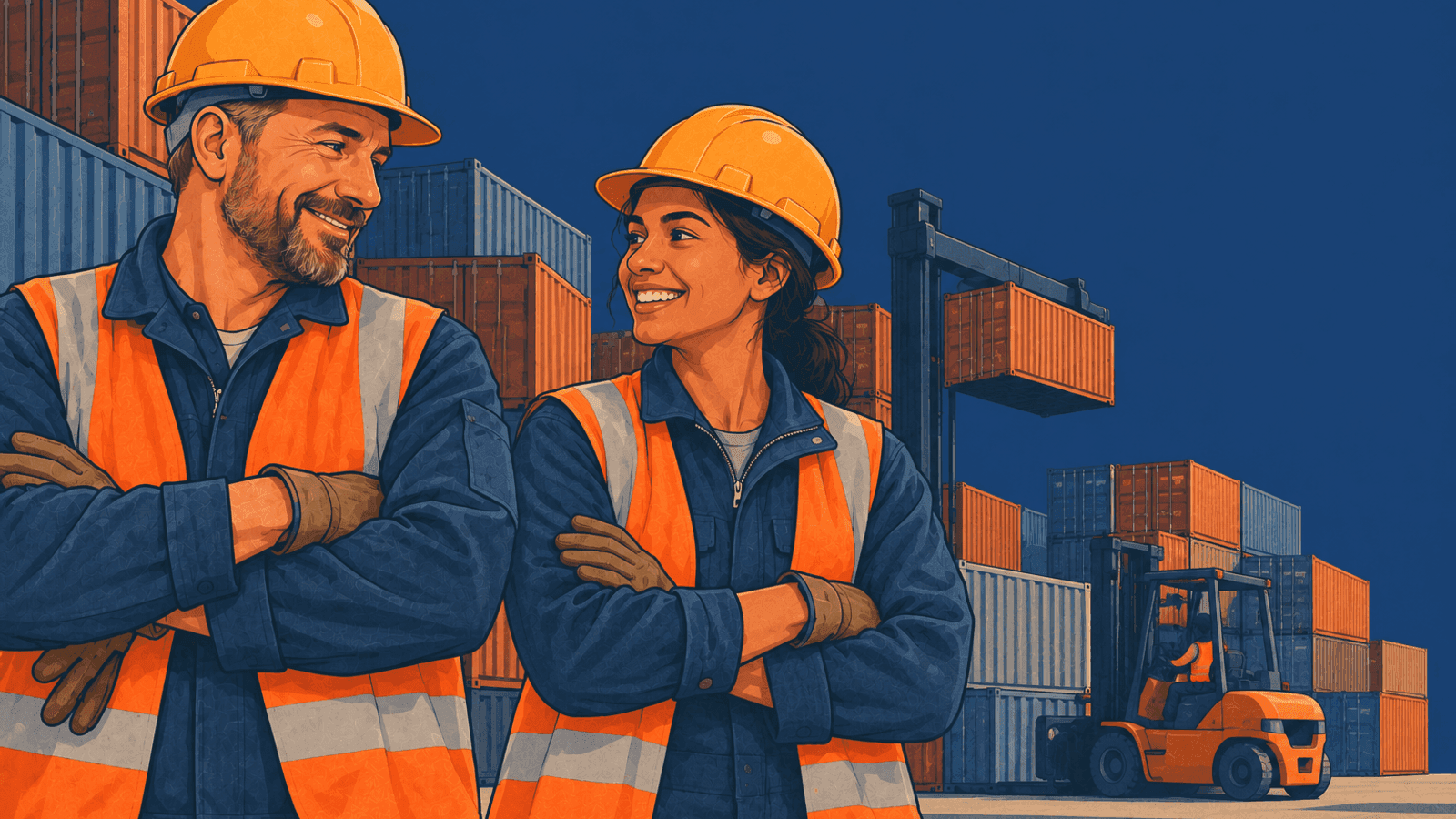 Two workers in identical hi-vis vests standing shoulder to shoulder