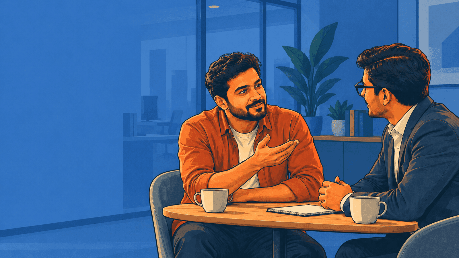 A client and an agency representative in conversation across a table
