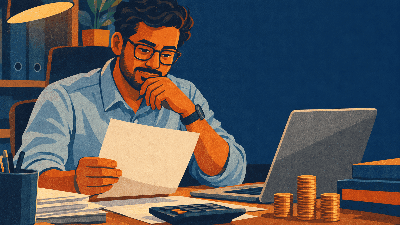 An office worker studying an invoice at a desk with a calculator