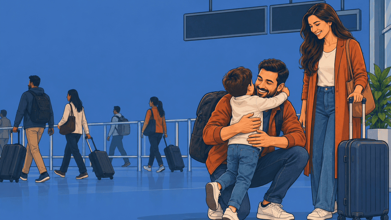 A worker greeting his wife and child at airport arrivals