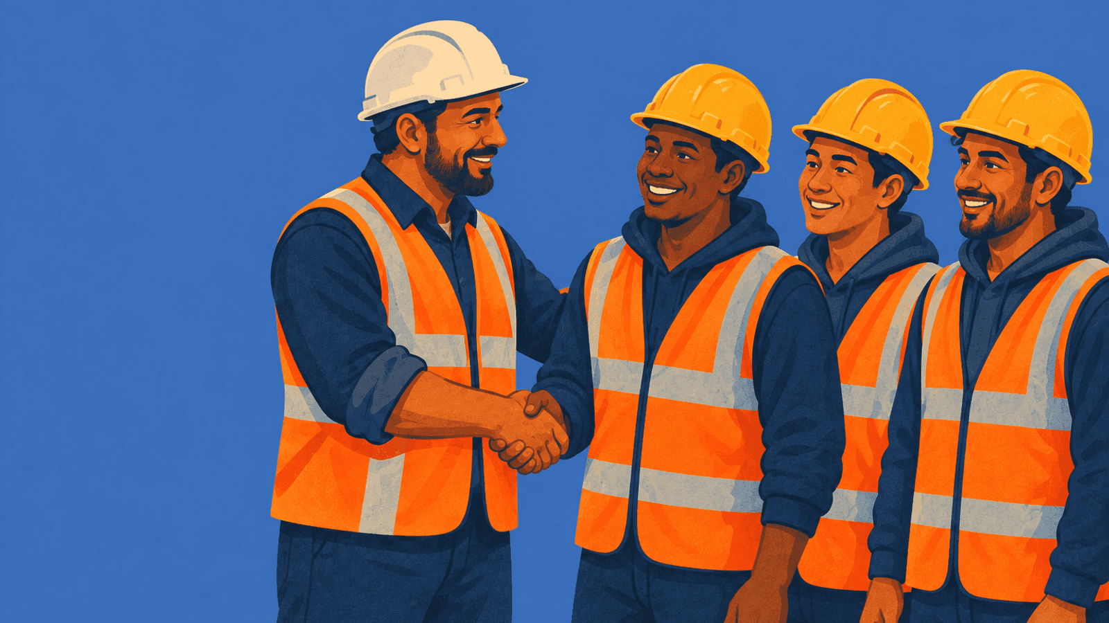 A supervisor welcoming newly arrived workers in hi-vis vests