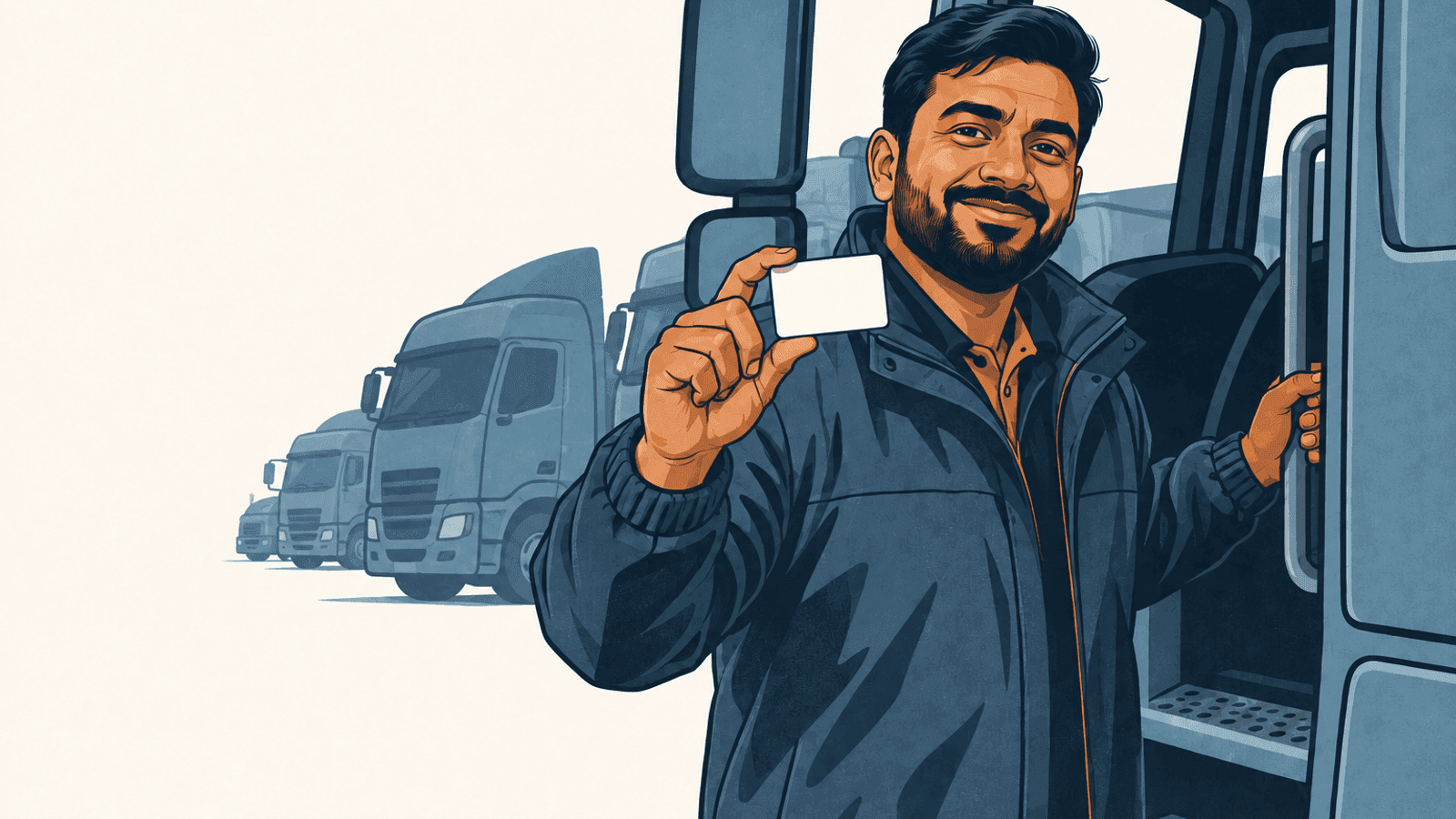 A driver holding a licence card beside a truck cab