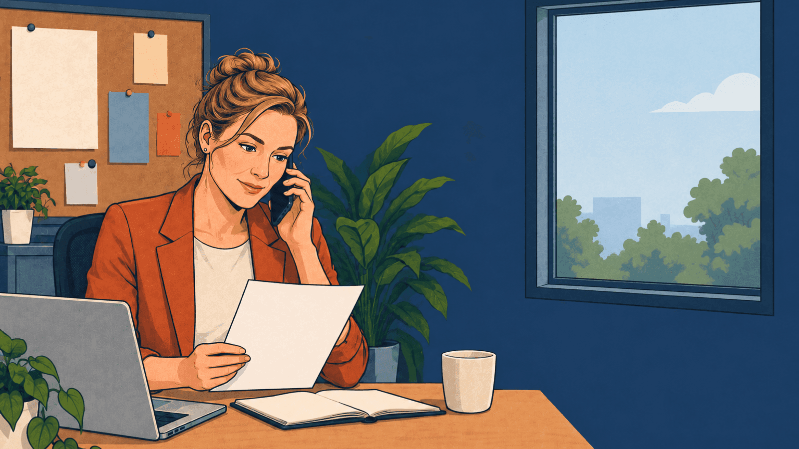 A caseworker on the phone reviewing a decision letter