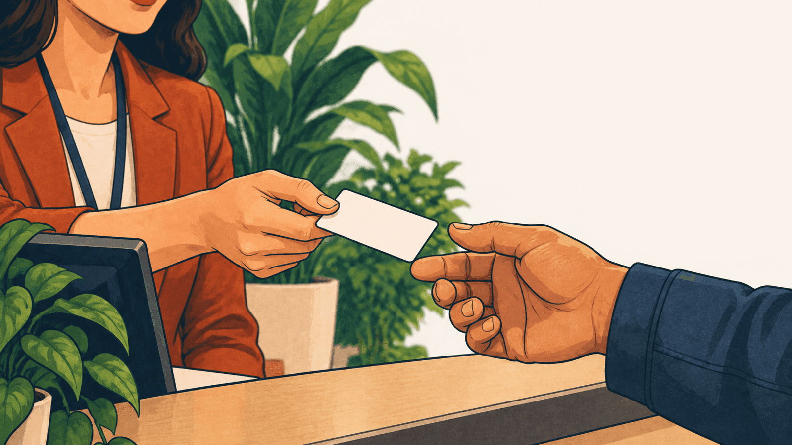 A residence permit card being handed across a counter
