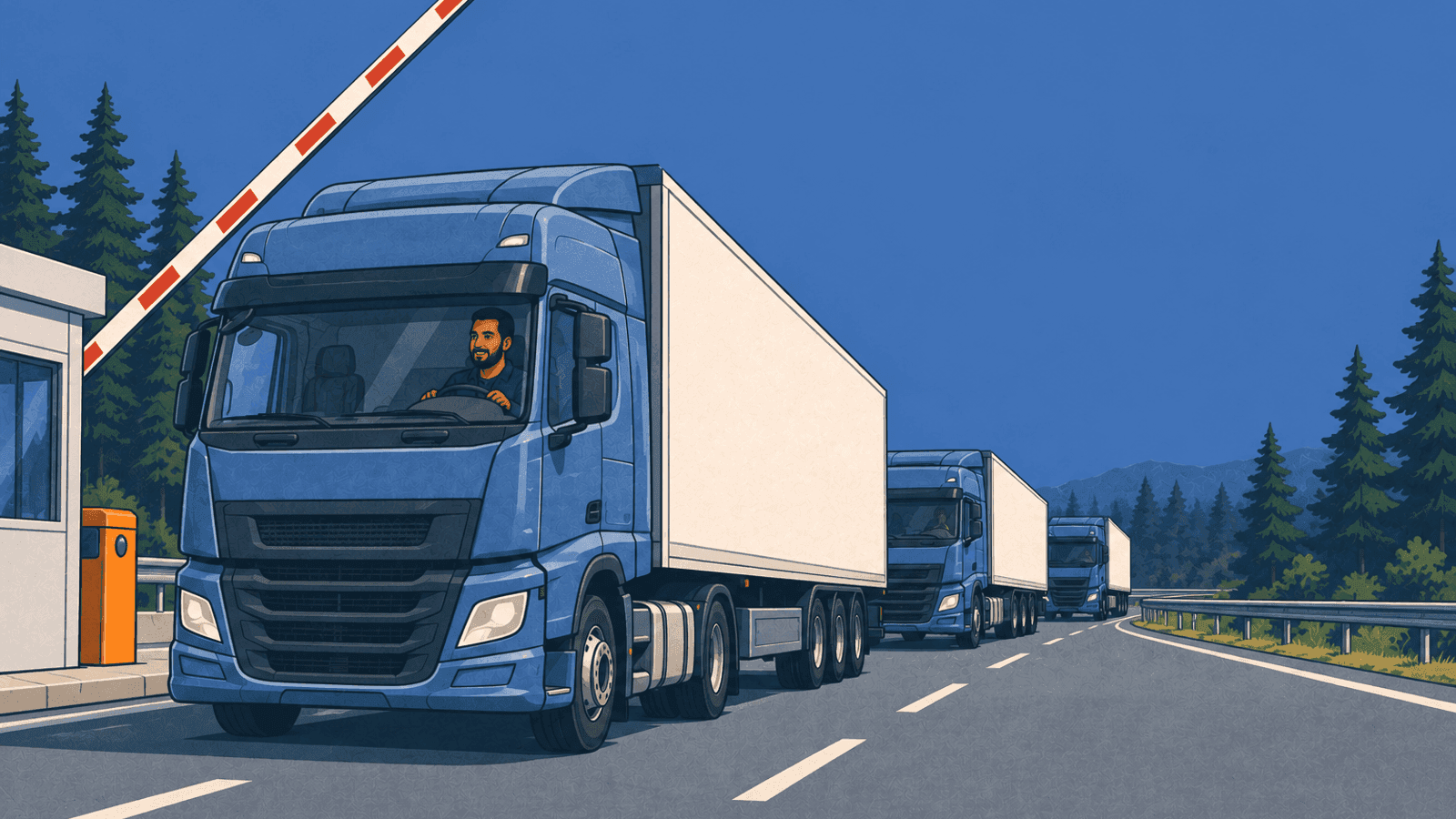 A truck crossing a raised border barrier on an open road