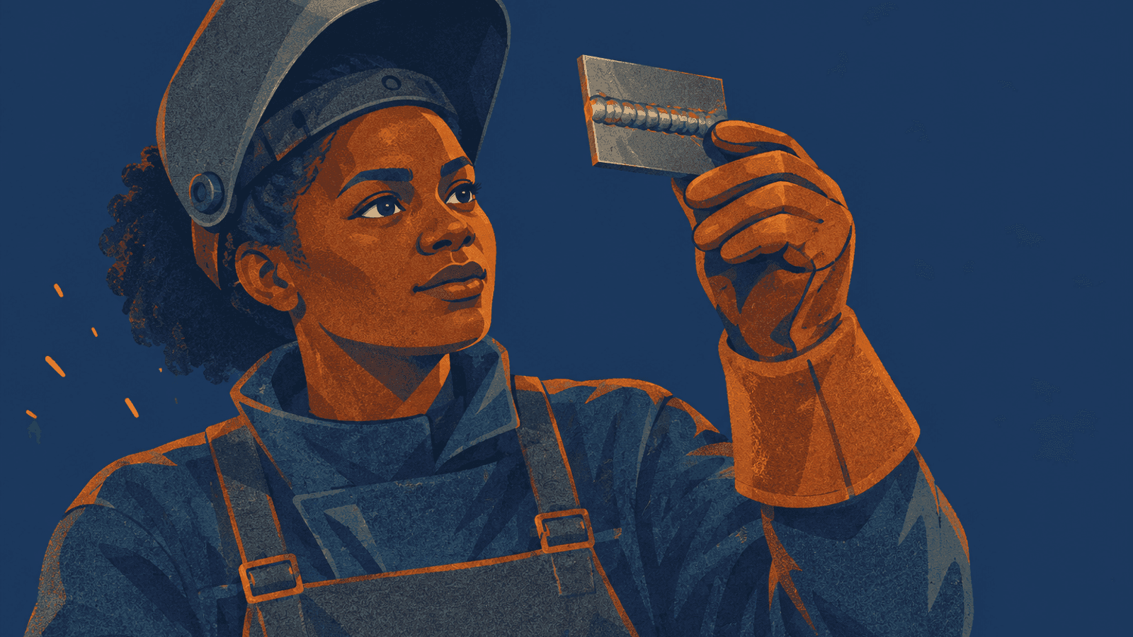 A welder inspecting a metal test coupon