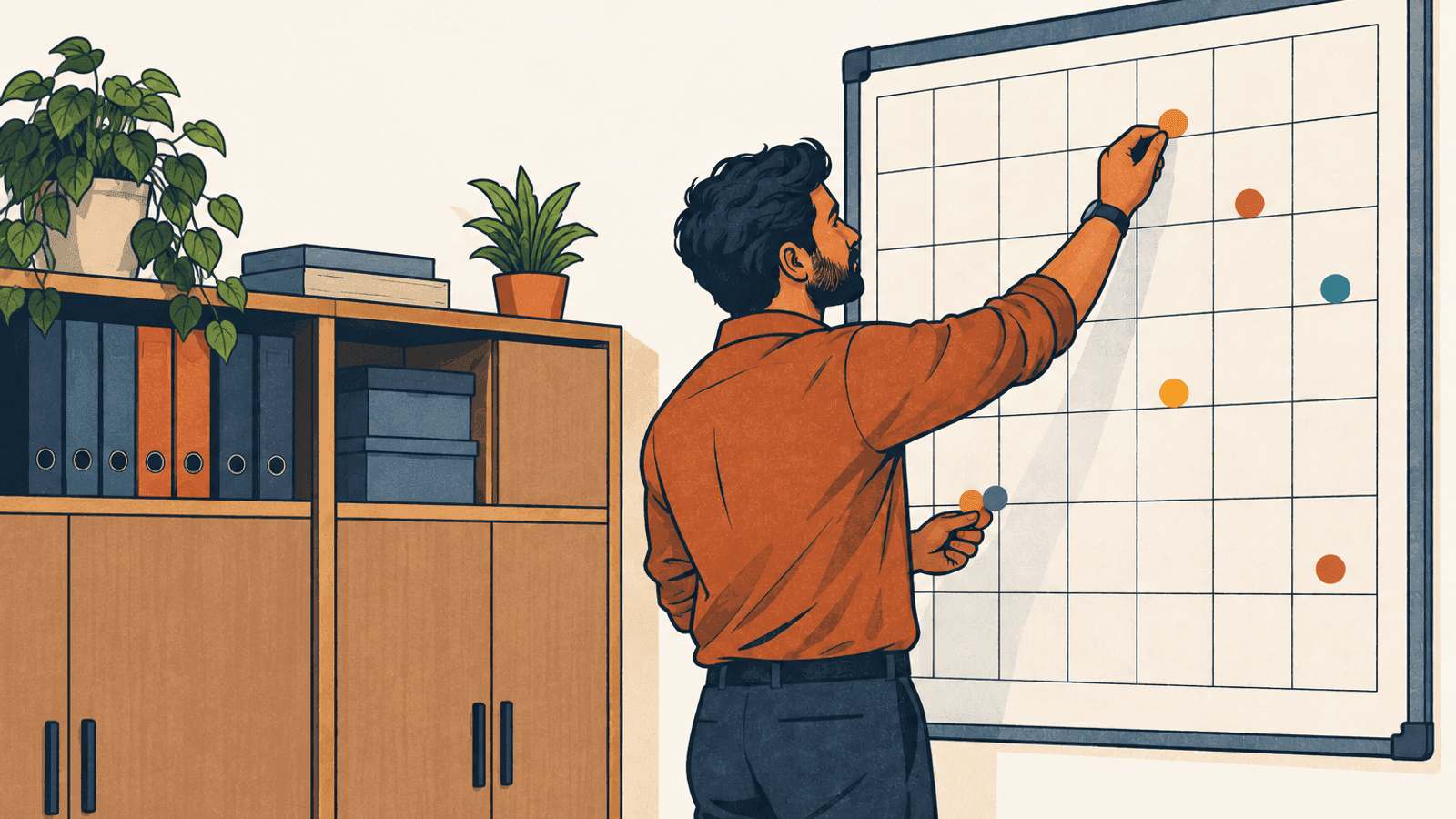 A manager marking a wall planner