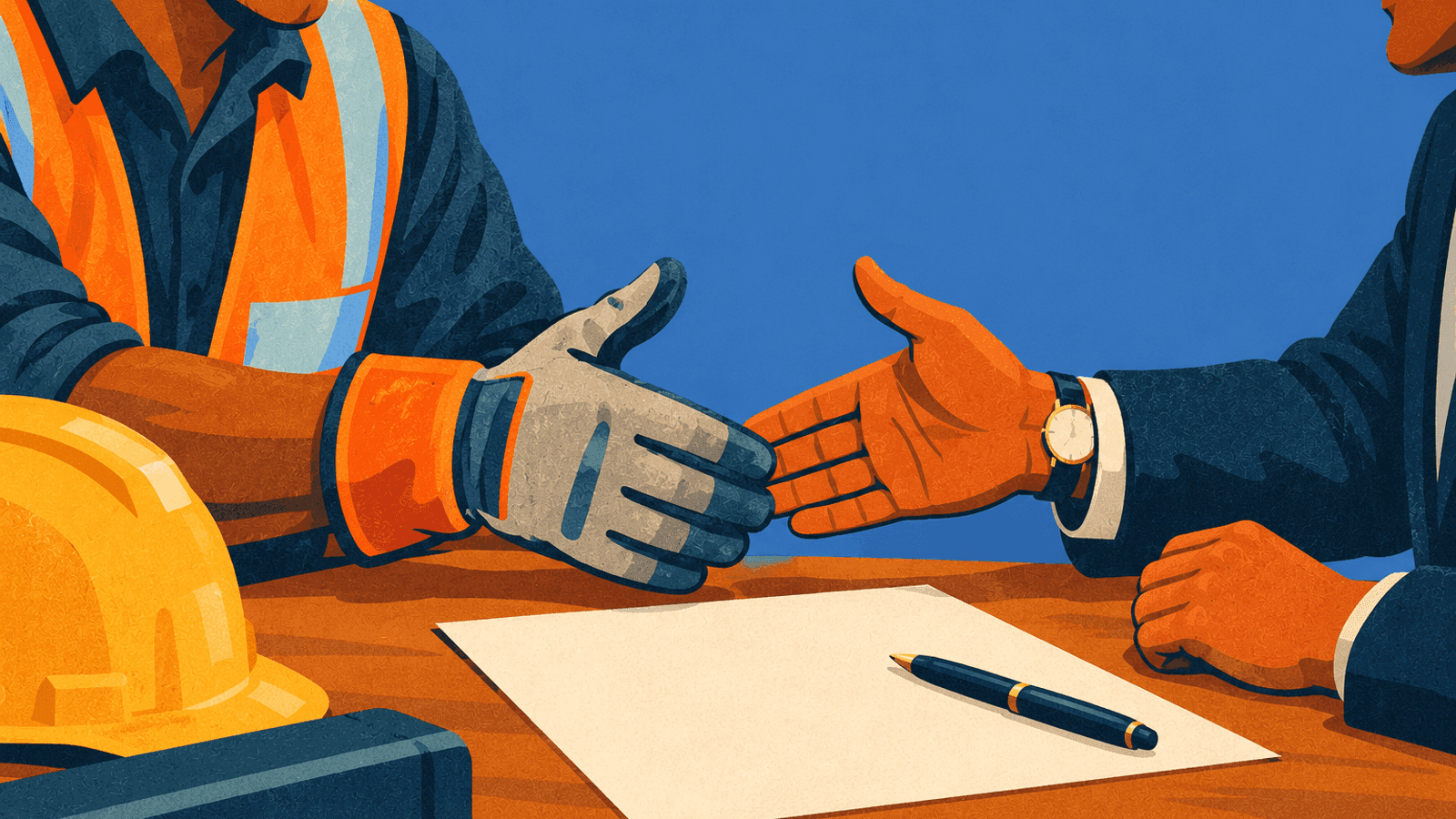 A gloved hand and a suited hand meeting over a contract on a desk