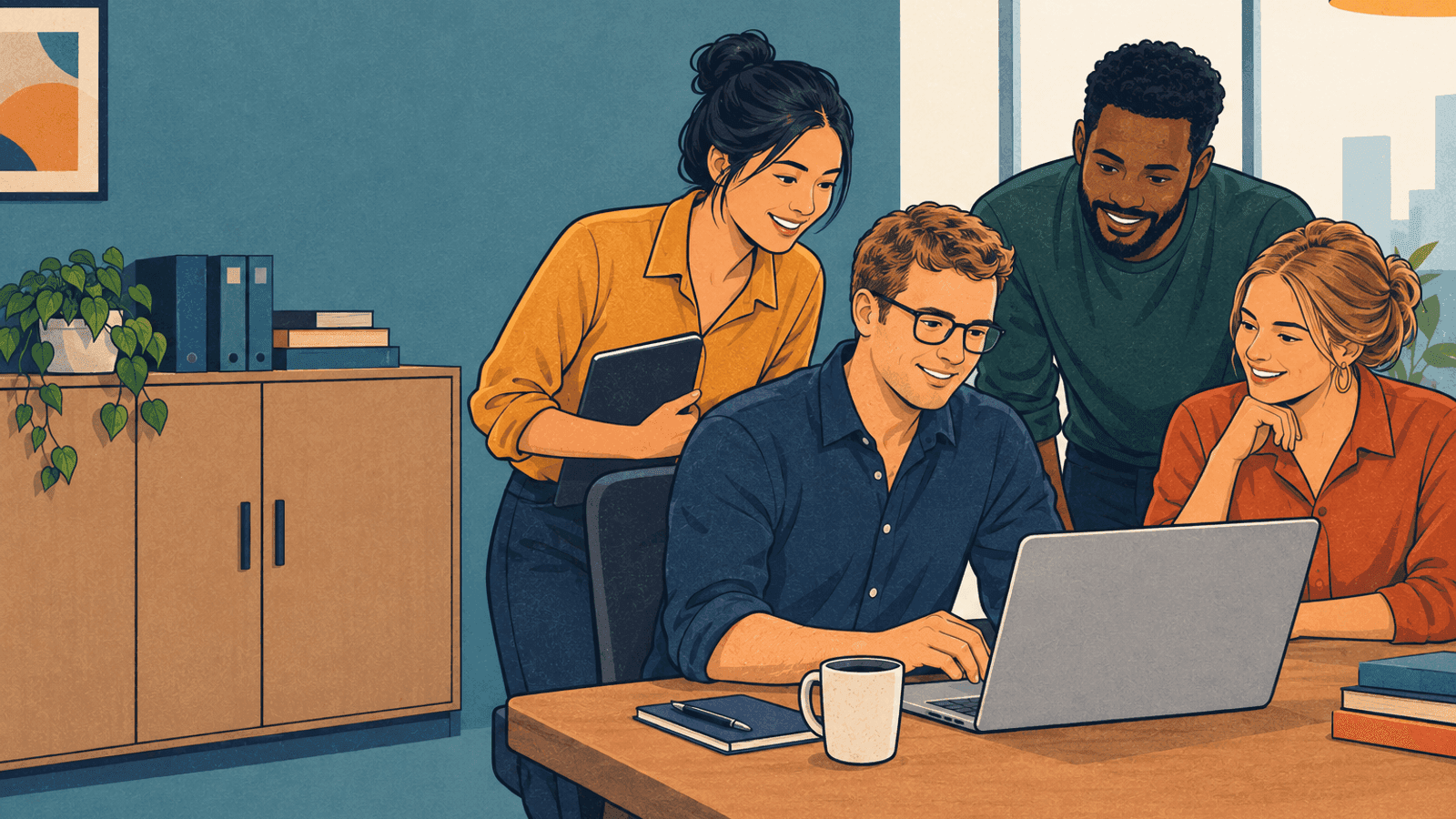 A team reviewing a hiring decision together at a laptop