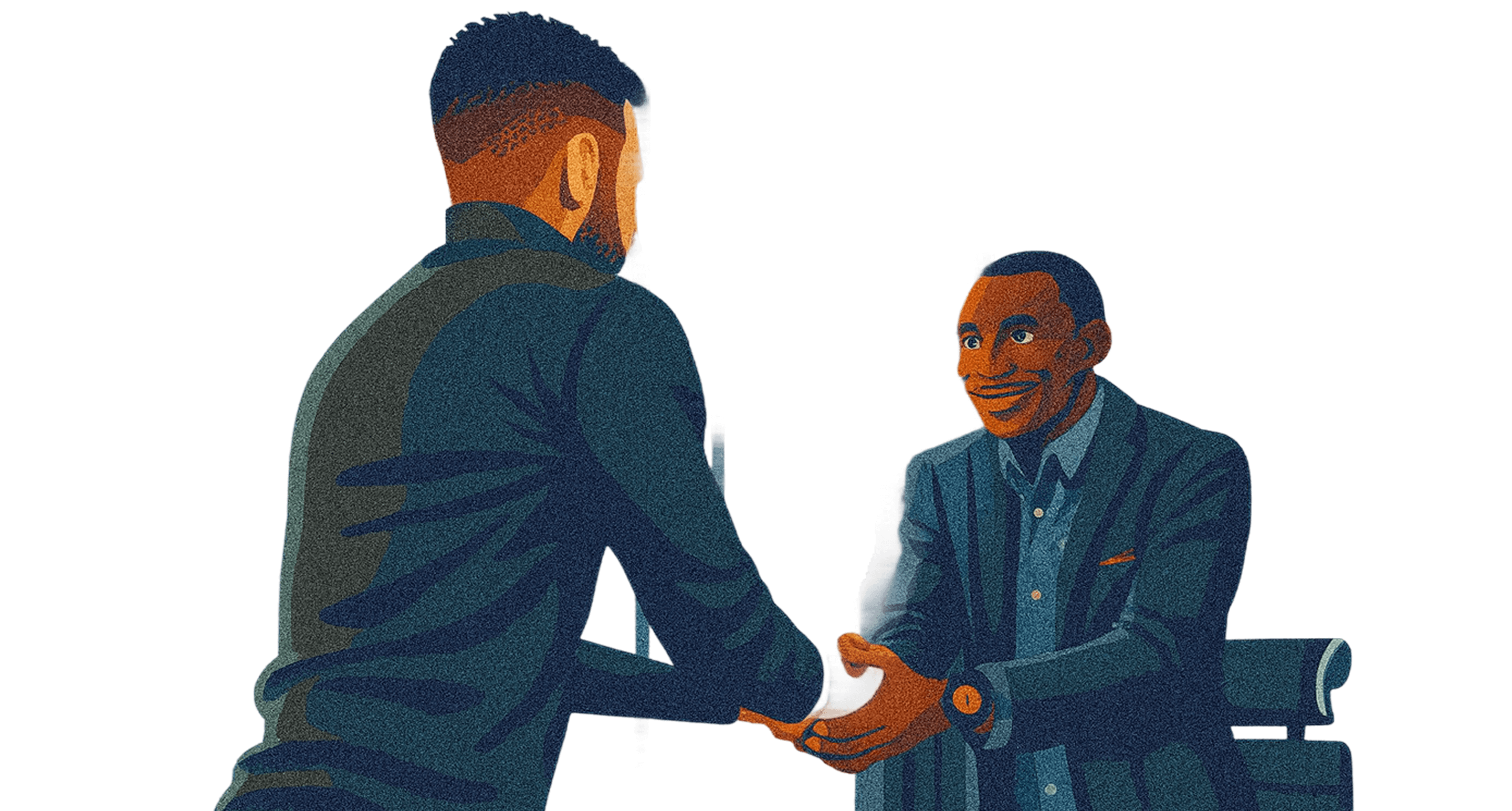 Two people shaking hands across a desk